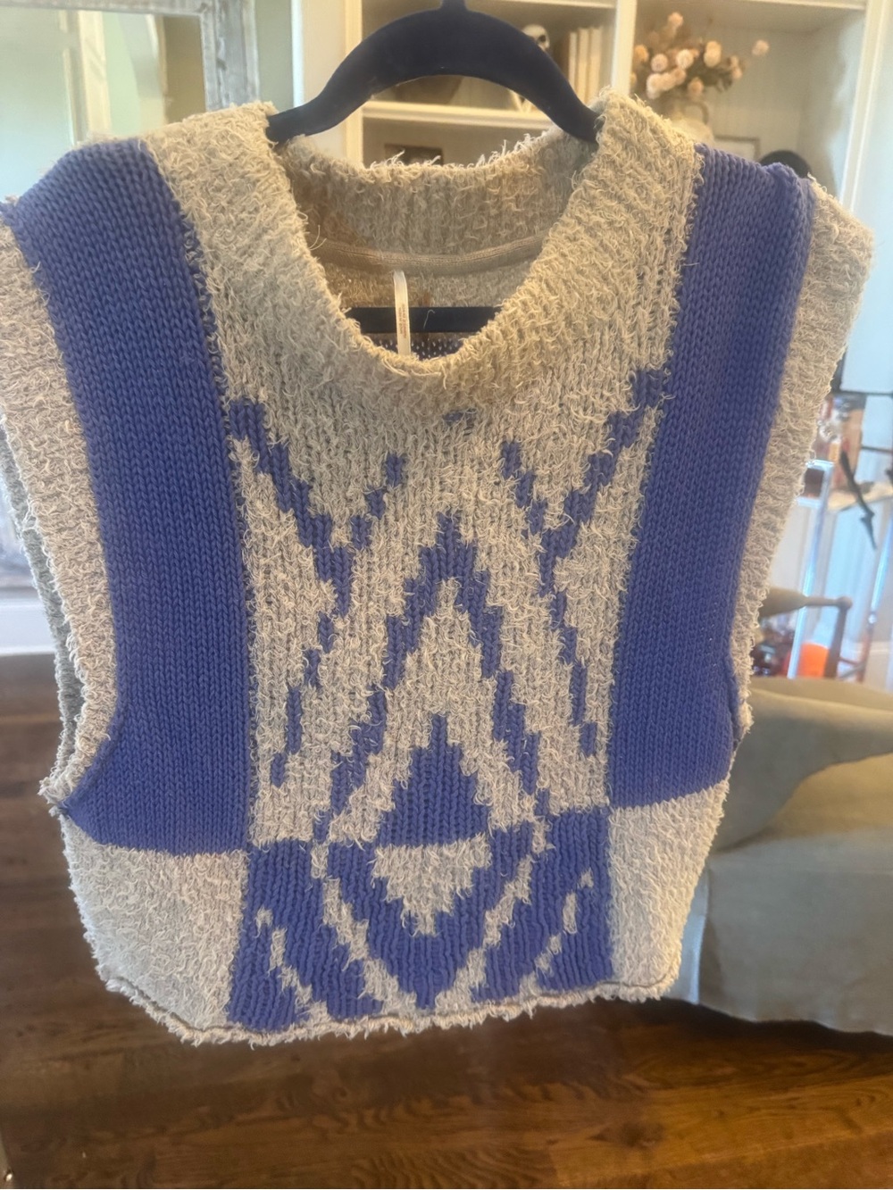 Free People Cream and Periwinkle Geometric Knit Vest